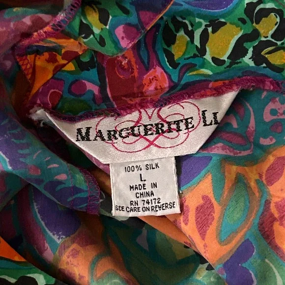 Marguerite LI Womens Multicolor 100% Silk Short Sleeve Crew Neck Blouse - Large - Picture 7 of 7